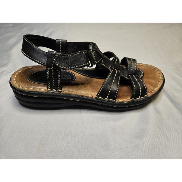 Minnetonka Womens 7.5 Black Brown Leather Sandals Slingback Adj Closure Comfort - Picture 2 of 9